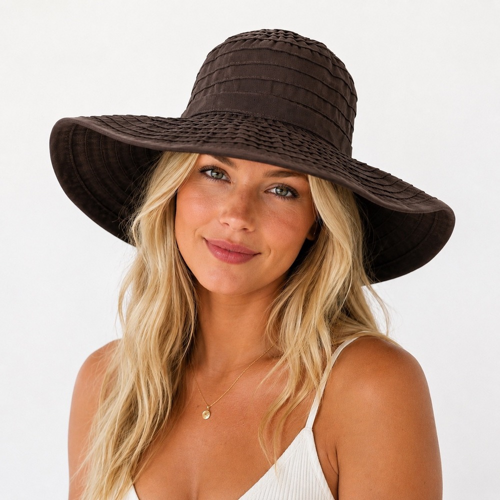 Kallina Sun Hat Brown UPF 50+‎ Packable Wide Brim Bow Beachwear Resort Travel
